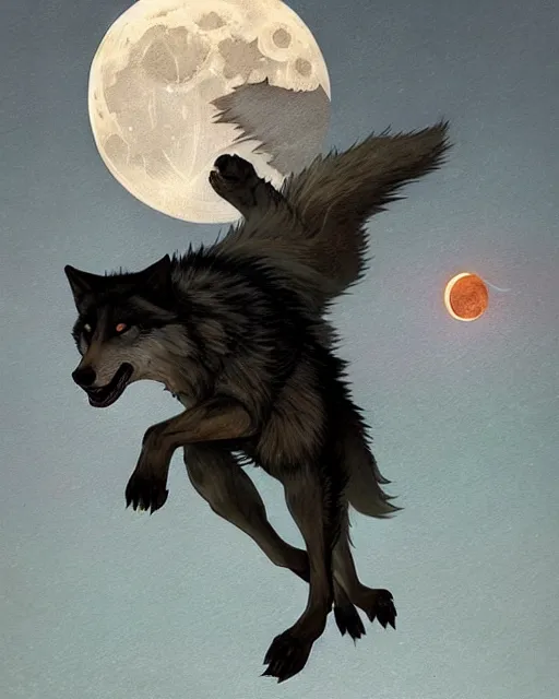 Image similar to '' Illustration of a wolf chasing the moon through the sky, league of legends, LOL, fantasy, d&d, digital painting, artstation, concept art, sharp focus, illustration, art by greg rutkowski and alphonse mucha ''