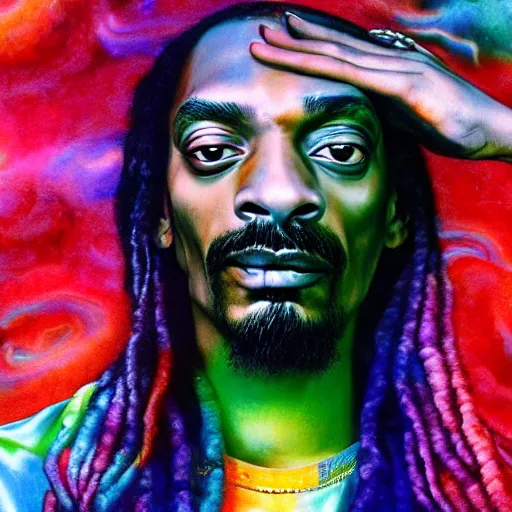 Image similar to colour masterpiece surreal closeup portrait photography snoop dogg by miho hirano and annie leibovitz and michael cheval, psychedelic smoke background, 8 k