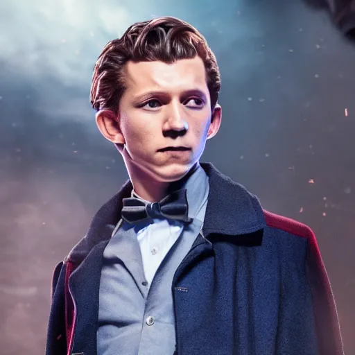 Image similar to tom holland as a rough dirty old man with a scruffy beard in a dark blue trenchcoat as the new doctor who, cinematic, volumetric lighting, f 8 aperture, cinematic eastman 5 3 8 4 film, photorealistic