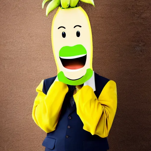 Image similar to a person with a banana head wearing a business suit