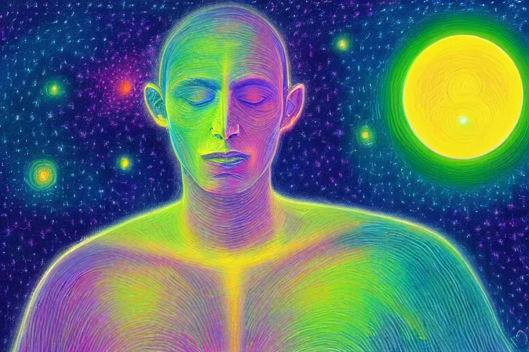 Prompt: digital art of a peaceful man looking up at the stars, sitting under a tree, glowing light, acrylic art, painting, pastel colors, alex grey,
