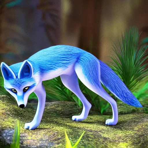 Image similar to A blue Fox in a lush forest, 8k, raytracing, hyper realistic, high detail,