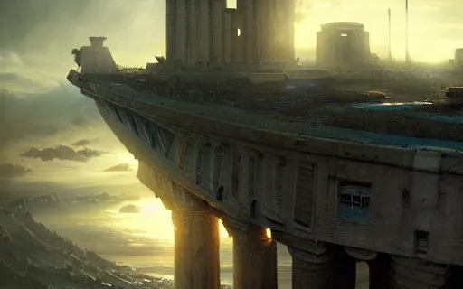 Image similar to longshot photograph of advanced civilization city ruins floating in a disc in the sky by hubert robert, lee madwick and bastien lecouffe - deharme, 8 k artstation, cinematic dramatic lighting, high contrast