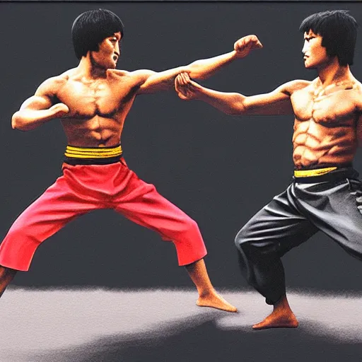 Image similar to A samurai fighting Bruce Lee, HD, high resolution, hyper realistic, 4k, intricate detail