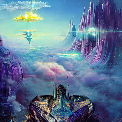 Image similar to skies walking castle crashed spaceship rich digital art depth of field sacred fantasy by alex grey, syd mead, john berkey, fenghua zhong, alena aenami, tristan eaton, john stephens, arthur adams