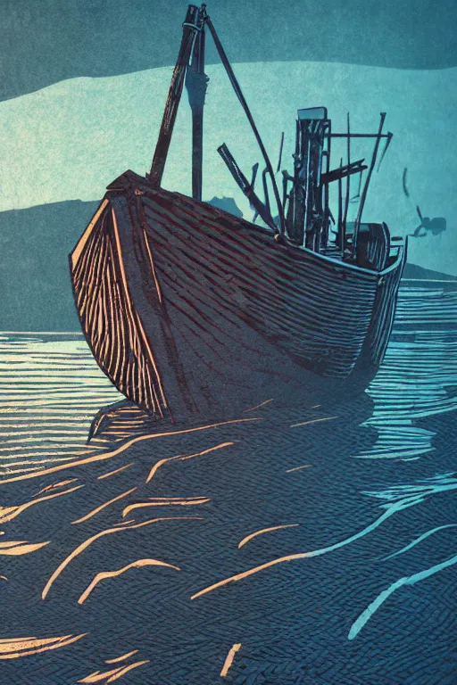 Prompt: a beautiful woodcut print of an old wooden fishing boat, 8 k, frostbite 3 engine, cryengine, dof, trending on artstation, digital art, crepuscular ray, art by roy l davies and tugboat printshop