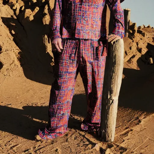 Image similar to photograph of maynard james keenan wearing pajamas in the desert