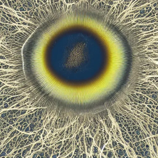 Image similar to microscopy image of mycelium growing into the shape of an eye and iris, natural color, fine art, nature journal figure, ultra detailed 9 k tiff