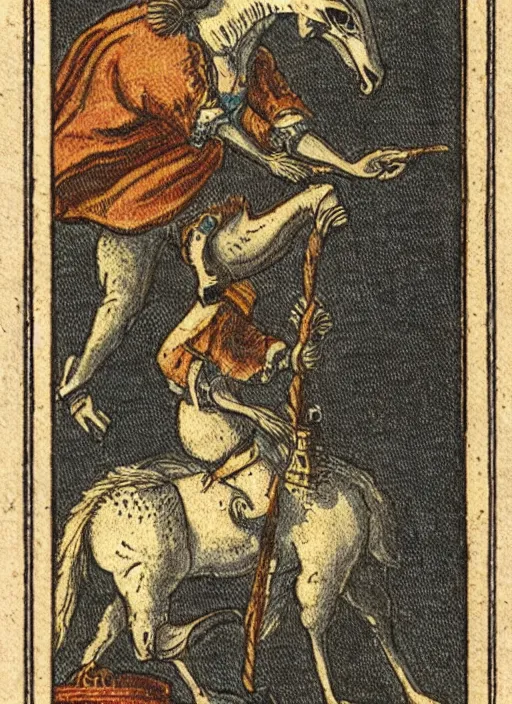 Prompt: a trading card from the 1 6 0 0 s with a horse born with the head of a rabbit and the body of a rabbit