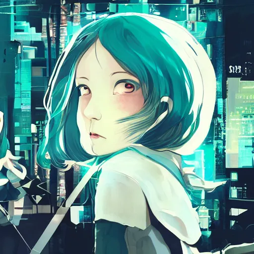 Image similar to Frequency indie album cover, luxury advertisement, white, indigo and teal colors. highly detailed post-cyberpunk sci-fi close-up schoolgirl in asian city in style of cytus and deemo, mysterious vibes, by Ilya Kuvshinov, by Greg Tocchini, nier:automata, set in half-life 2, beautiful with eerie vibes, very inspirational, very stylish, with gradients, surrealistic, postapocalyptic vibes, depth of filed, mist, rich cinematic atmosphere, perfect digital art, mystical journey in strange world, bastion game, arthouse