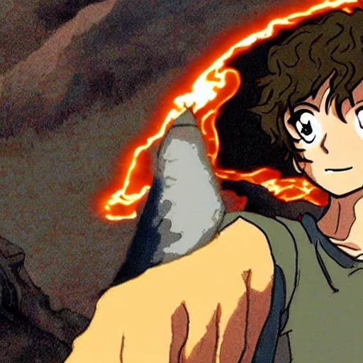 Prompt: anime of frodo taking a selfi at Mount doom throwing the ring