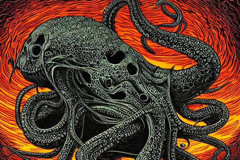 Image similar to a giant lovecraftian skulled tentacle creature gripping a black hole by dan mumford, digital art, photorealistic, vivid colors, highly detailed, intricate