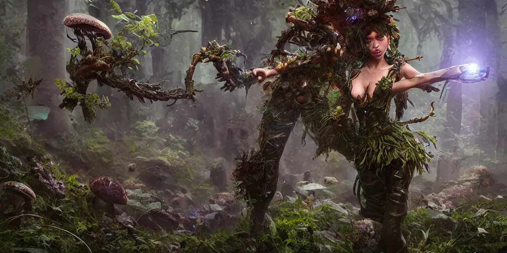 Image similar to hyper detailed female earth mage, high quality character design, action pose : : spotlight, magicpunk, biopunk, forestpunk, forest, mushrooms, high detail, 8 k, oled, shadows, reflections, digital art, official art, octane render, dynamic camera angle, unreal engine, dollpunk