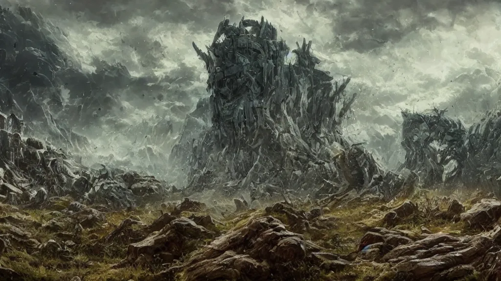 Prompt: a landscape of ruined civilisation with titans fighting, elden ring style