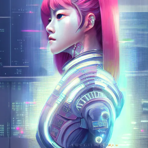 Image similar to portrait futuristic Samurai Girl, in future cyberpunk tokyo rooftop , ssci-fi, fantasy, intricate, very very beautiful, elegant, human anatomy, neon light, highly detailed, digital painting, artstation, concept art, smooth, sharp focus, illustration, art by tian zi and WLOP and alphonse mucha