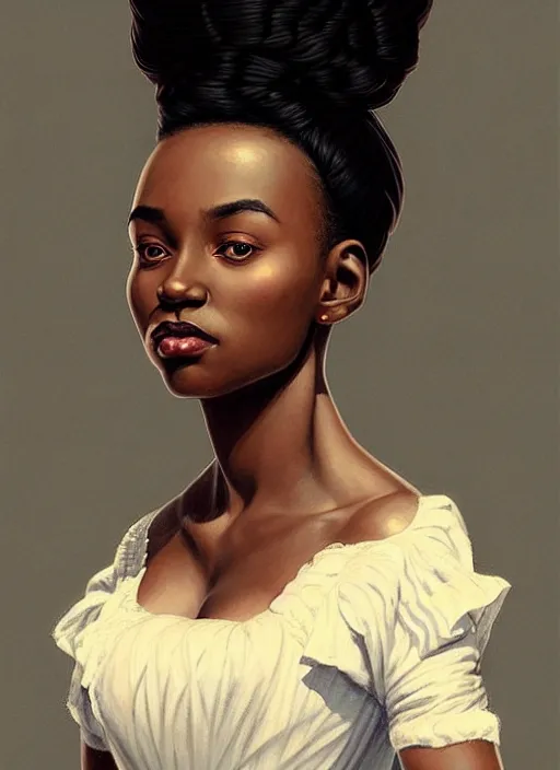 Image similar to a portrait of a young black woman with a crooked nose in victorian clothing, confident pose, intricate, elegant, sharp focus, illustration, highly detailed, concept art, matte, trending on artstation, anime, art by james jean and artgerm and brian despain and alberto mielgo, greg rutkowski, wlop, ilya kuvshinov, strong strokes