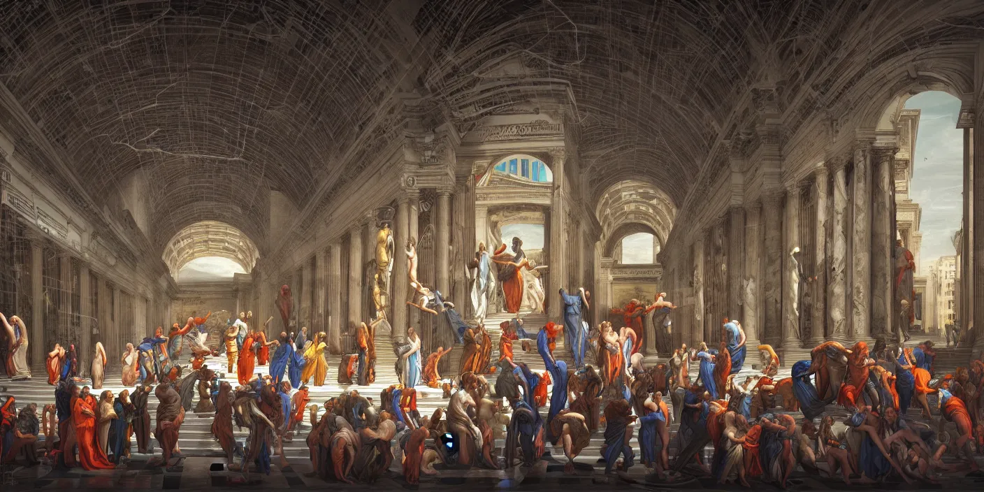 Image similar to the school of athens cyberpunk, hyper detailed, neon, concept art, award winning concept art