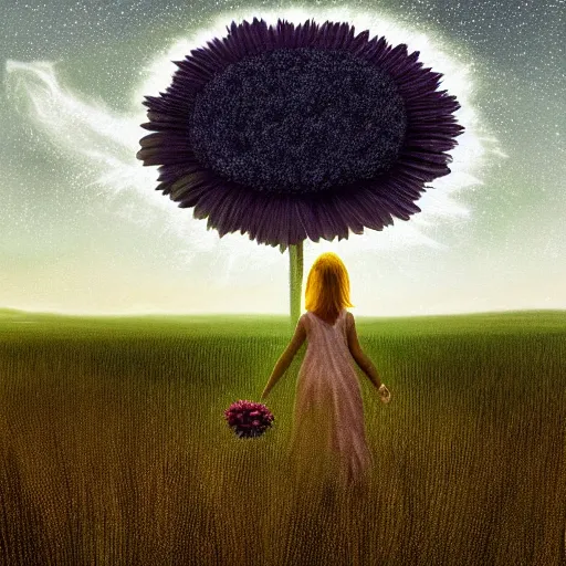 Prompt: giant daisy flower as a head, girl walking in wheat field, hills, surreal photography, dark night, star trails, dramatic light, impressionist painting, clouds, digital painting, artstation, simon stalenhag