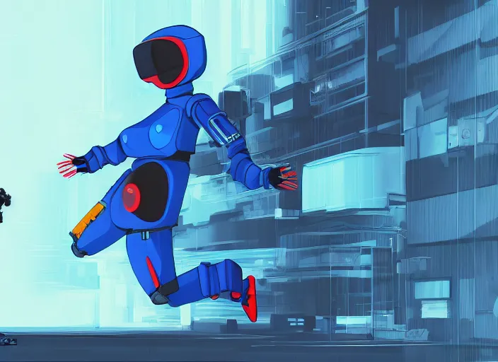 Image similar to g girl in blue hoodie jumping away from mech robot, animatic, high quality, cyberpunk