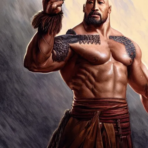 Prompt: Dwayne Johnson as Kratos, highly detailed, digital painting, artstation, concept art, smooth, sharp focus, illustration, ArtStation, art by artgerm and greg rutkowski and alphonse mucha and J. C. Leyendecker and Edmund Blair Leighton and Katsuhiro Otomo and Geof Darrow and Phil hale and Ashley wood and Ilya repin and Charlie Bowater