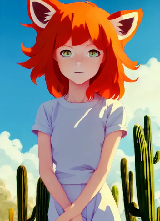 Image similar to portrait of cute redhead foxgirl in orange jumpsuit with fox ears by ilya kuvshinov, holding a cactus, cloudy sky background lush landscape illustration concept art anime key visual trending pixiv fanbox by wlop and greg rutkowski and makoto shinkai and studio ghibli