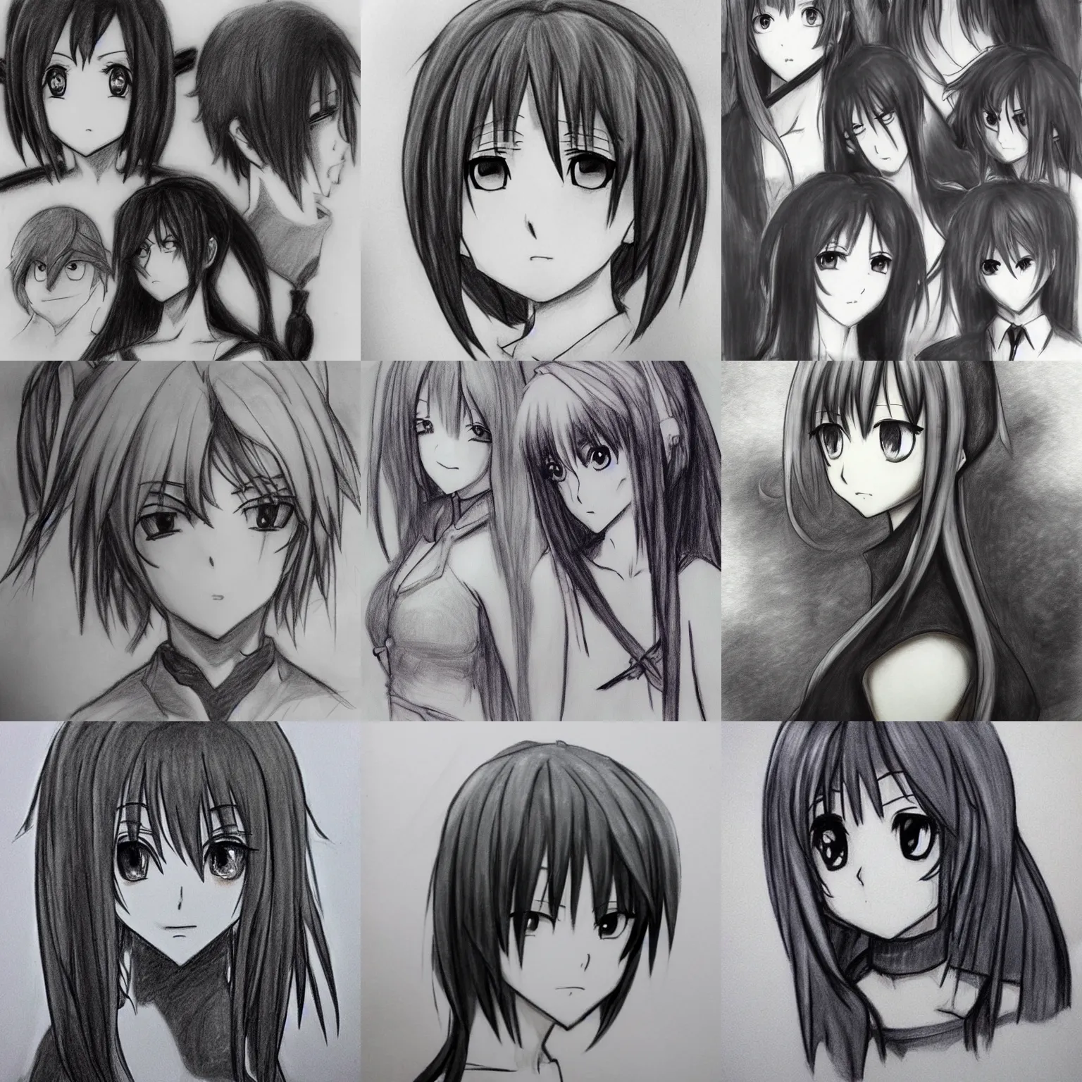 Prompt: anime characters drawn with charcoal