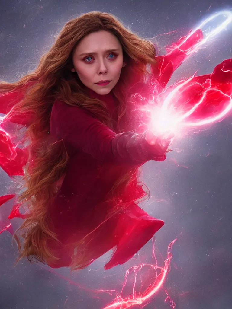 Image similar to movie still of elizabeth olsen as scarlet witch creating a barrier of red energy around herself!!!!!, photorealistic art style, fantasy aesthetic. full - body photography, comprehensive art, thorough details, intricate, artstation, cgsociety contest winner