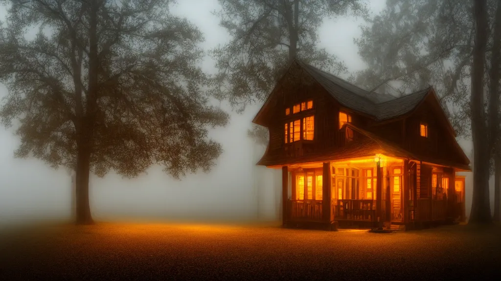 Image similar to a beautiful wooden house with a large tree nearby and street lights on, fog, volumetric lighting, mystique, atmospheric, sharp focus, ultra detailed, noir art house, 4 k, 3 5 mm