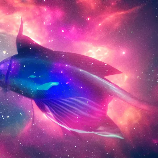 Image similar to unknown undiscovered fish swimming in outer space nebula, 4 k, ultra detail, ultra realistic, 8 k, octane render, unreal engine, beeple