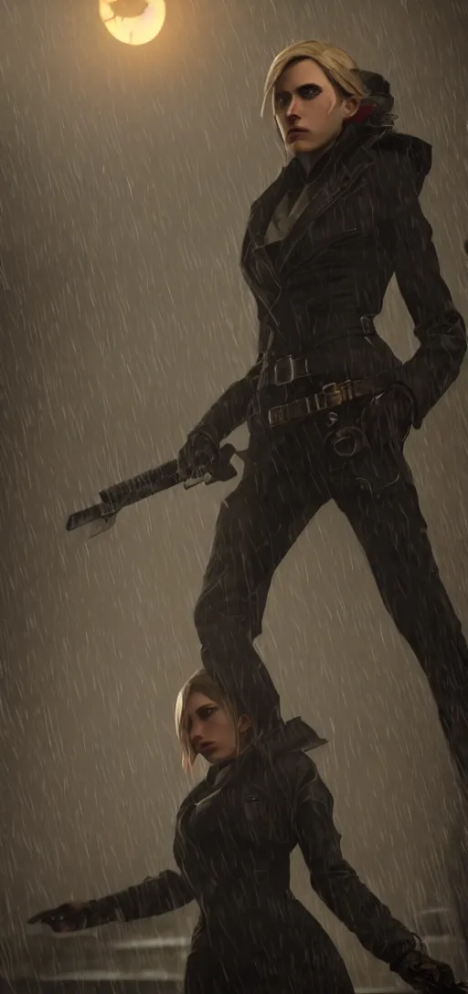 Image similar to distant shot of annie leonhart in dunwall city, mid air shot, redshift render, beautiful face, detailed face, cinematic lighting, rainy weather, melancholy atmosphere, volumetric light, octane render, dishonored 1, gothic architecture, realistic reflections, octane render 8 k, action shot