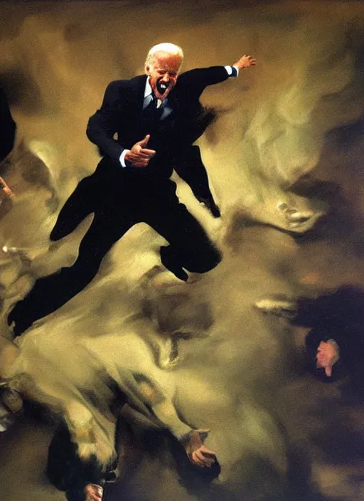 Image similar to joe biden screaming, painting by phil hale, fransico goya,'action lines '!!!, graphic style, visible brushstrokes, motion blur, blurry