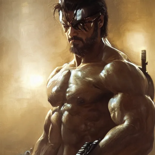 Prompt: handsome portrait of a spartan guy bodybuilder posing, radiant light, caustics, war hero, metal gear solid, ghost in the shell, lush surroundings, by gaston bussiere, bayard wu, greg rutkowski, giger, maxim verehin