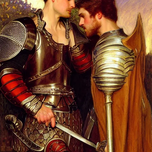 Image similar to attractive fully clothed arthur pendragon confesses his love for his attractive fully clothed male knight. highly detailed painting by gaston bussiere and j. c. leyendecker 8 k