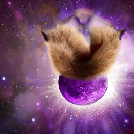 Image similar to a purple fox with a long fluffy and shiny coat sits in the forest on a ufo flying saucer. super realistic photo. clear details