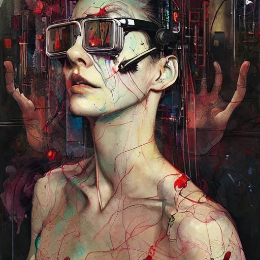 Image similar to woman in a vr headset, cyberpunk in the style of adrian ghenie, esao andrews, jenny saville, surrealism, dark art by james jean, takato yamamoto