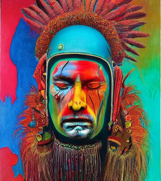 Image similar to Portrait painting in a style of Beksinski mixed with Alex Grey of an old shaman dressed in a colorful traditional clothes. Symmetry