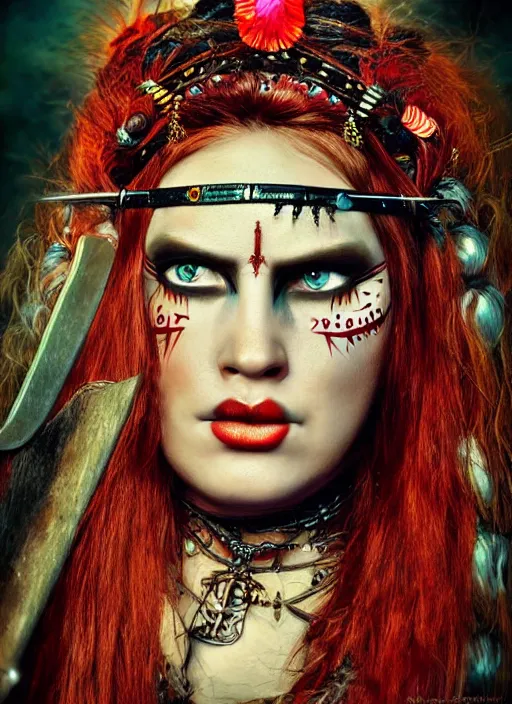 Image similar to hyper realistic photography portrait of pagan medieval tribal festival warrior curvy partygirl face cinematic, julie bell,