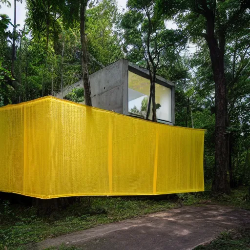 Image similar to exterior shot of a brutalist concrete house with translucent yellow mesh tarps in a dense jungle