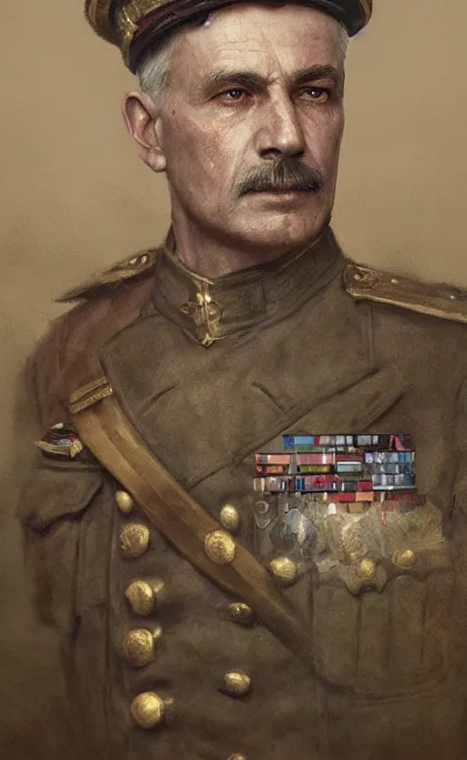 Prompt: official portrait of a WWI General, male, detailed face, 20th century, highly detailed, cinematic lighting, digital art painting by greg rutkowski