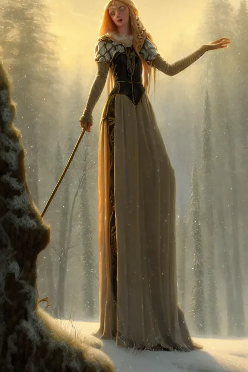 Image similar to nostalgia for a fairytale, nordic, ice, medieval maiden, long hair, tall and thin, illustration, dramatic lighting, soft details, painting, art nouveau, octane render, 8 k, hd, by edmund blair leighton, brom, charlie bowater, faces by otto schmidt