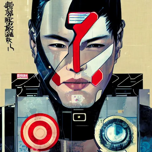 Image similar to portrait of a japanese male android, by MARVEL comics and Sandra Chevrier