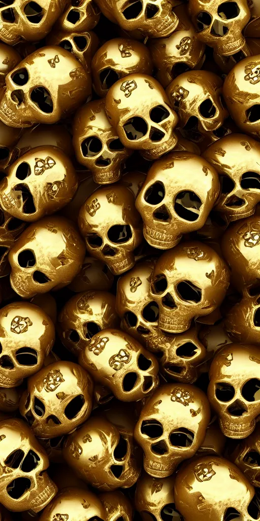 Image similar to many gold skulls stacked on top of each other with flowers and jewerly, photorealistic render, unreal engine, octane render, metallic reflections, physically based rendering, 3 d, dramatic, studio lighting, cinematic, ornate, intricate, highly detailed, 4 k, hd, digital art