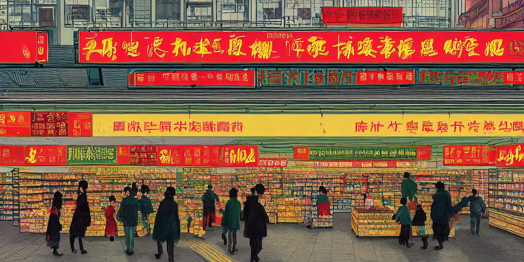 Prompt: a supermarket in hong kong, by dan mumford and peter doig and edward hopper, minimal, black in, thick lines highly detailed, muted colours, overlaid with chinese adverts, 8 k