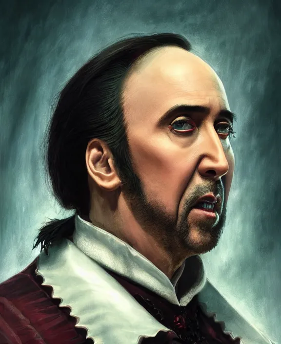 Image similar to nicolas cage as dracula, highly detailed, centered, artstation, concept art, smooth, sharp focus, illustration, bokeh art by artgerm and donato giancola and joseph christian leyendecker