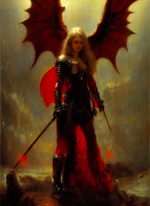 Prompt: angel knight gothic girl in dark and red dragon armor. by gaston bussiere, by rembrandt, 1 6 6 7, artstation trending