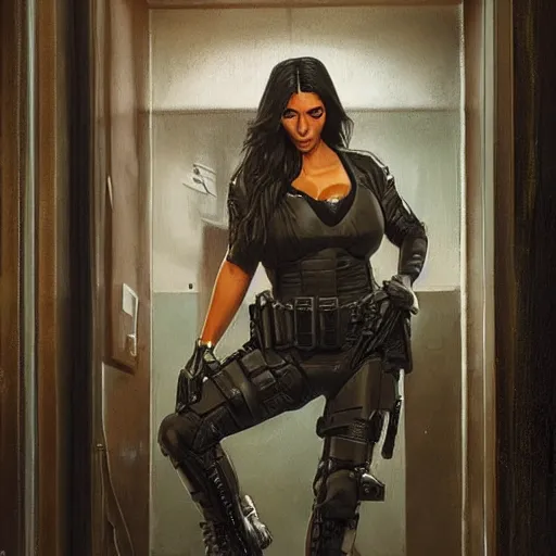 Image similar to kim kardashian as a cop, police uniform, full body view, full pov, haunted house interior, pretty, aesthetic, dust molecules, matte detailed photo, DeviantArt, Artstation, by donato giancola, ralph horley, loish, cinematic lighting