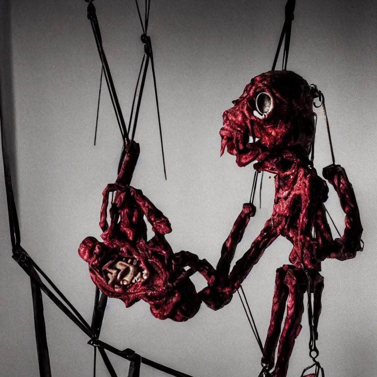 Image similar to a marionette puppet hanging limp with blood running from his eyes, by wayne barlow, highly detailed, horror themed, stark light and shadows