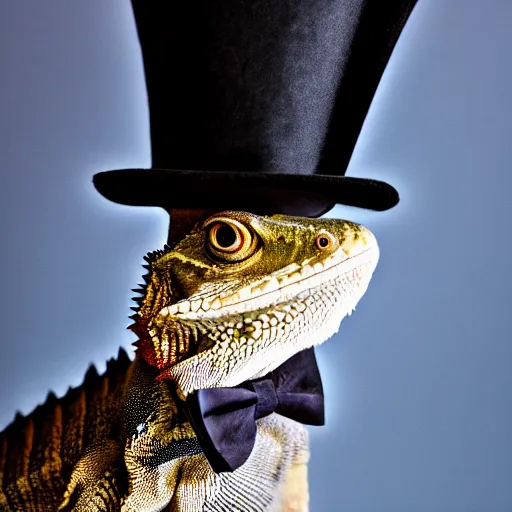 Image similar to dslr portrait still of a bearded dragon wearing a top hat and bow tie, 8 k 8 5 mm f 1. 4