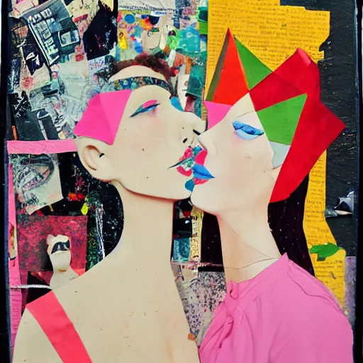 Image similar to two women kissing at a carnival, mixed media collage, retro, paper collage, magazine collage, acrylic paint splatters, bauhaus, claymation, layered paper art, sapphic visual poetry expressing the utmost of desires by junji ito