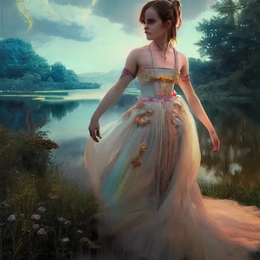 Prompt: emma watson as a beautiful young girl in intricate clothing by ross tran, walking in a castle, lake painted by sana takeda, rtx reflections, very high intricate details, painting, digital anime art, medium shot, mid - shot, composition by ilya kuvshinov, lighting by greg rutkowski